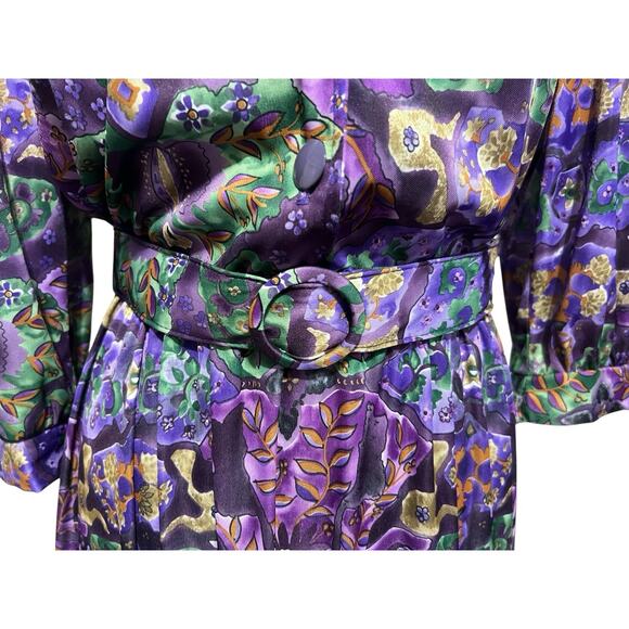 VTG USA Tabby of California Purple Green Abstract Floral Satin Midi Dress 14 - Picture 5 of 9